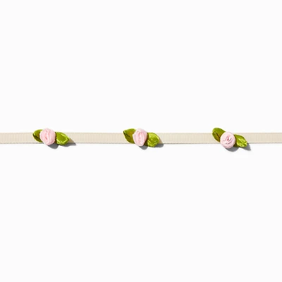 Pink Rose White Ribbon Choker Necklace