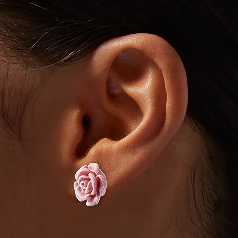 Carved Pink Velvet Rose Stud Earrings