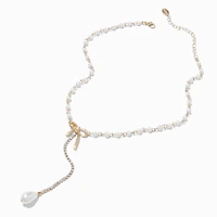 Gold-tone Cubic Zirconia Pearl Bow Y-Neck Pendant Necklace
