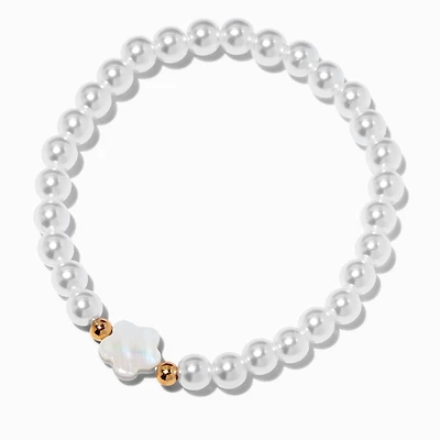 White Flower& Silver-tone Beaded Stretch Bracelet