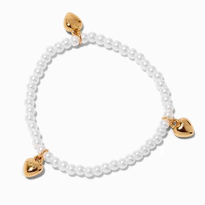 Gold-tone Heart & Pearl Beaded Stretch Bracelet