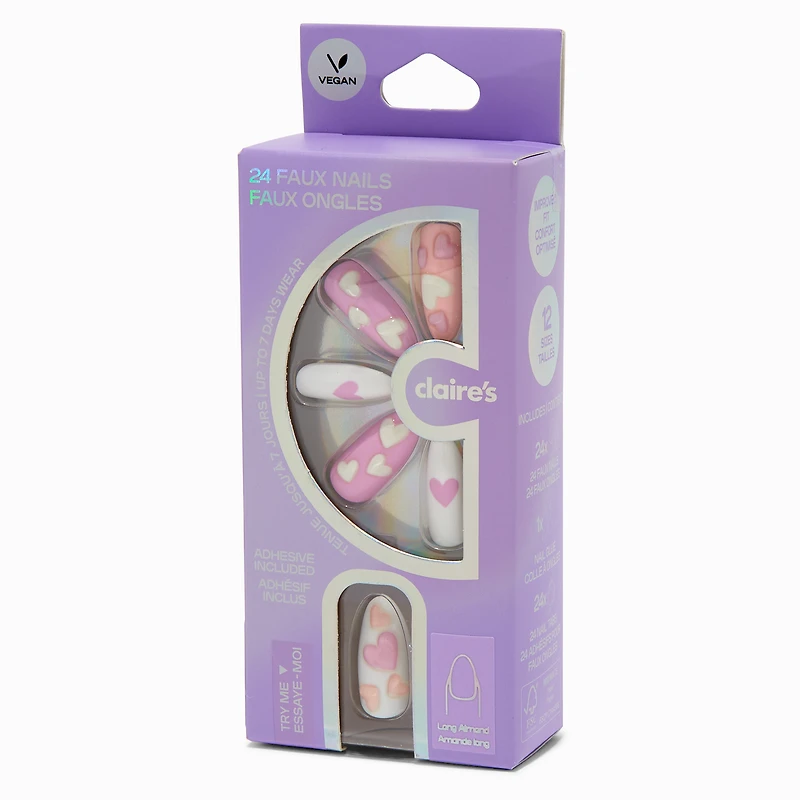 Puffy Heart Long Almond Vegan Faux Nail Set - 24 Pack