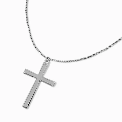 Silver-tone Box Chain Cross Pendant Necklace