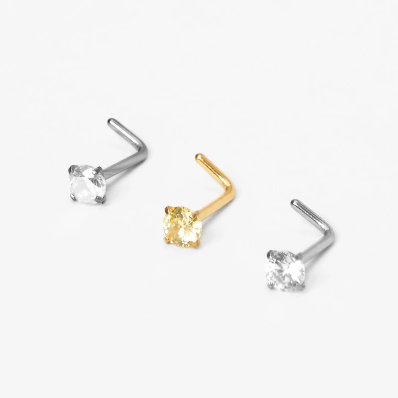 20G Mixed Metal Stainless Steel Crystal Nose Studs - 3 Pack