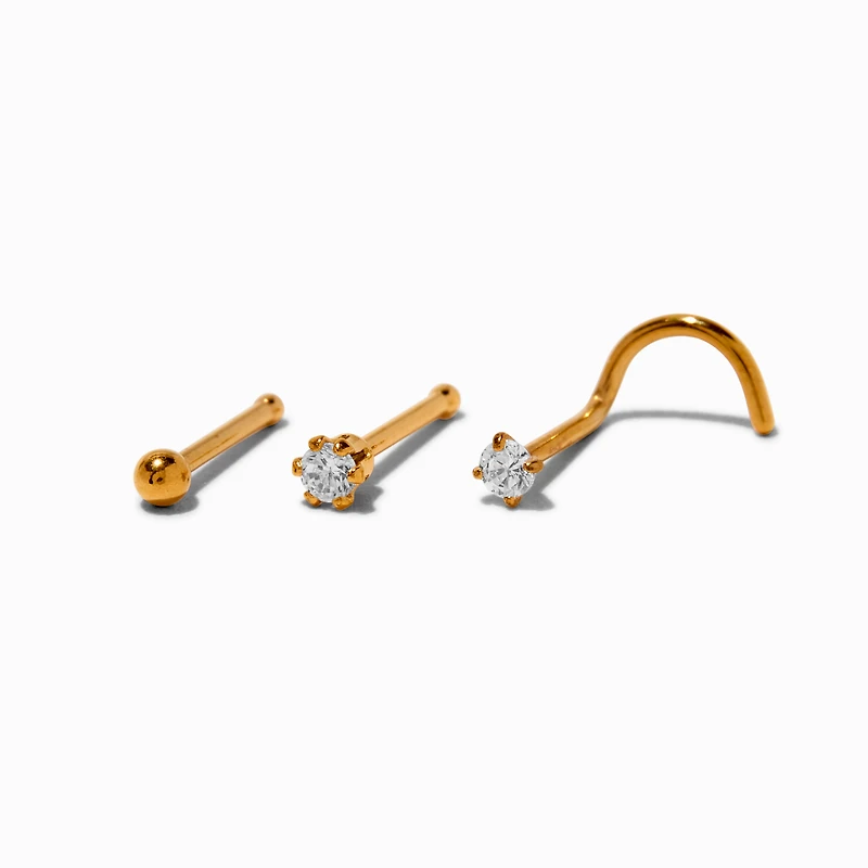 20G Gold-tone Stainless Steel Cubic Zirconia Nose Studs - 3 Pack