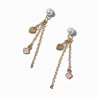 Gold-tone Pink Clover Pearl Chain Drop Earrings