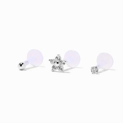 Sterling Silver Cubic Zirconia Flower 16G Threadless Flat Back Tragus Earring - 3 Pack