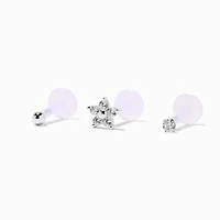 Sterling Silver Cubic Zirconia Flower 16G Threadless Flat Back Tragus Earring - 3 Pack
