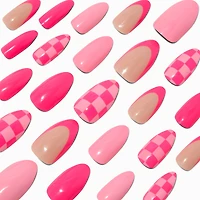 Pink Checkered French Tip Stiletto Vegan Faux Nail Set - 24 Pack