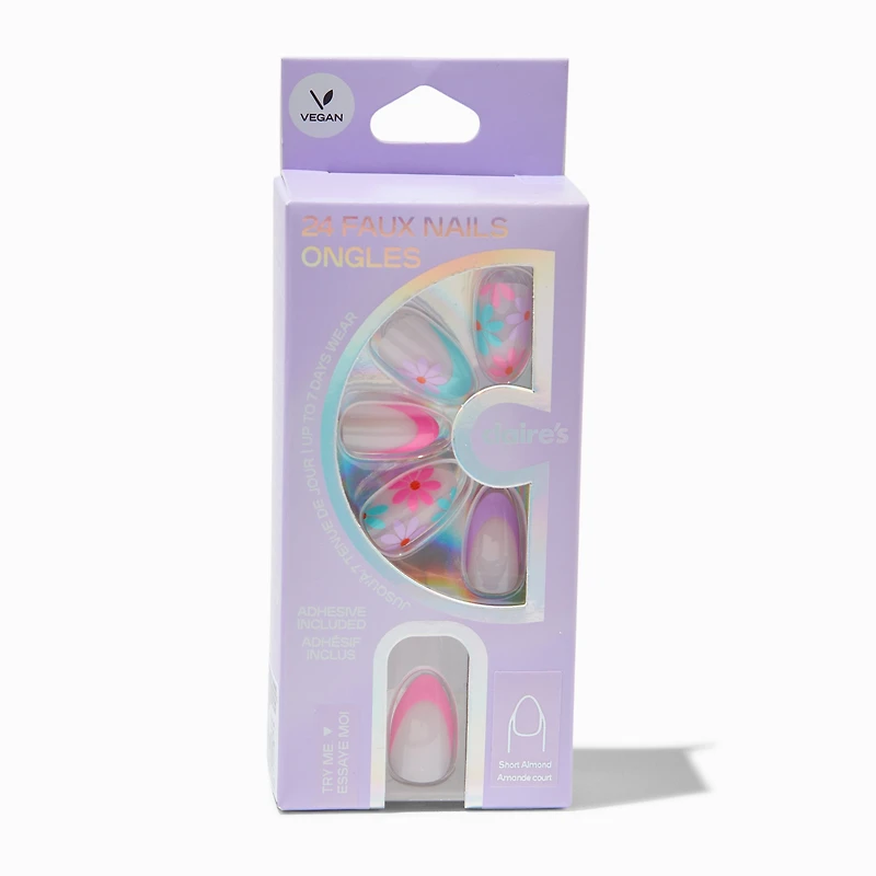 Multi Daisy French Almond Vegan Faux Nail Set - 24 Pack