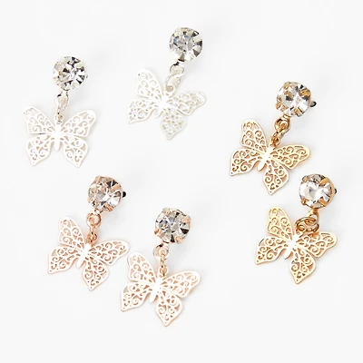 Mixed Metal Filigree Butterfly 0.5" Drop Earrings - 3 Pack
