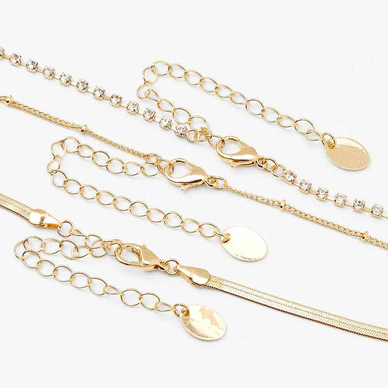 Gold Beaded, Rhinestone & Snake Chain Necklaces - 3 Pack 