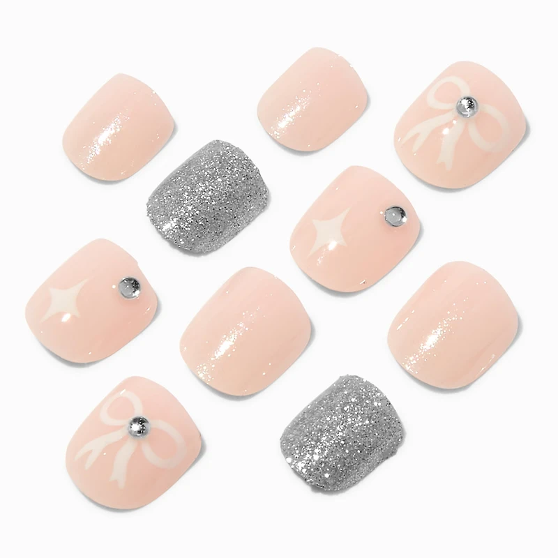 Claire's Club Glitter Gemstone Bow Press On Vegan Faux Nail Set - 10 Pack