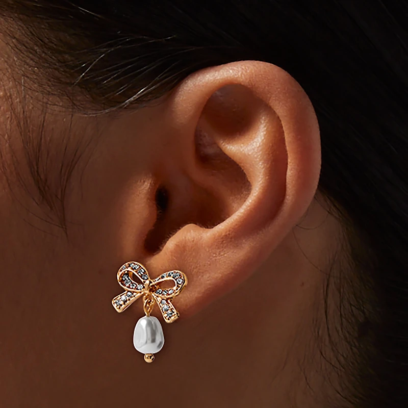 Gold-tone Pavé Bow & Pearl Drop Earrings