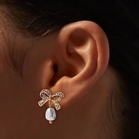 Gold-tone Pavé Bow & Pearl Drop Earrings