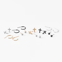 Mixed Metal Crystal Cross Earrings Set - 9 Pack