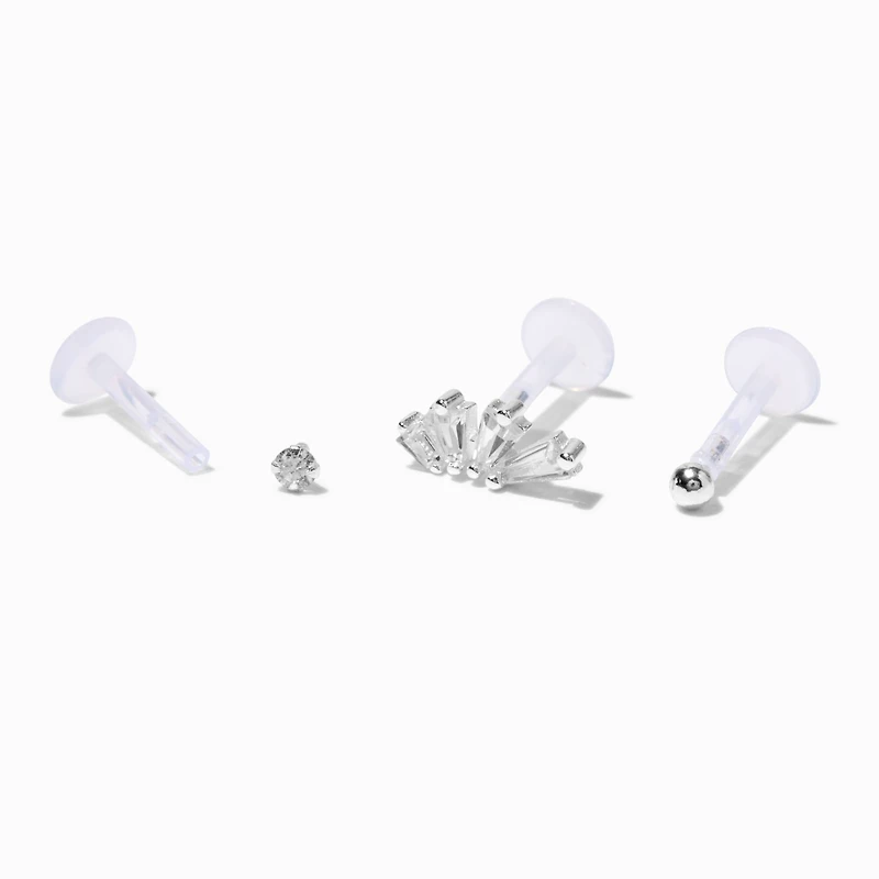 Sterling Silver Cubic Zirconia 16G Threadless Flat Back Crawler Cartilage Earrings - 3 Pack