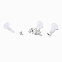 Sterling Silver Cubic Zirconia 16G Threadless Flat Back Crawler Cartilage Earrings - 3 Pack