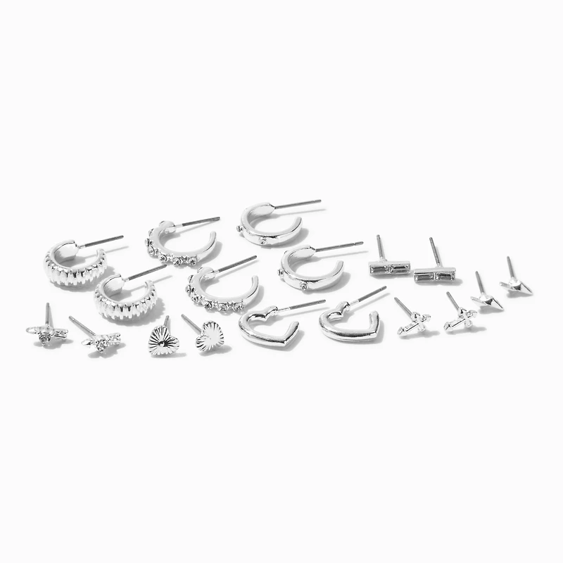 Silver-tone Crystal Mixed Motif Earring Stackables Set - 9 Pack