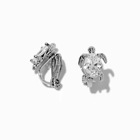 Silver-tone Cubic Zirconia Turtle Clip-On Stud Earrings