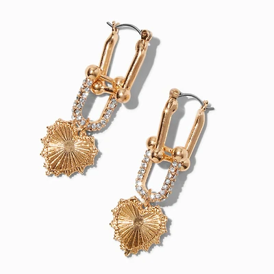Gold-tone Chain Link Pavé Crystal Heart Drop Earrings