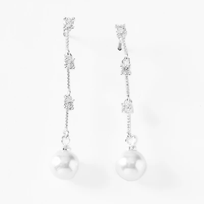 Silver-tone Crystal Pearl Linear 1.5" Drop Earrings