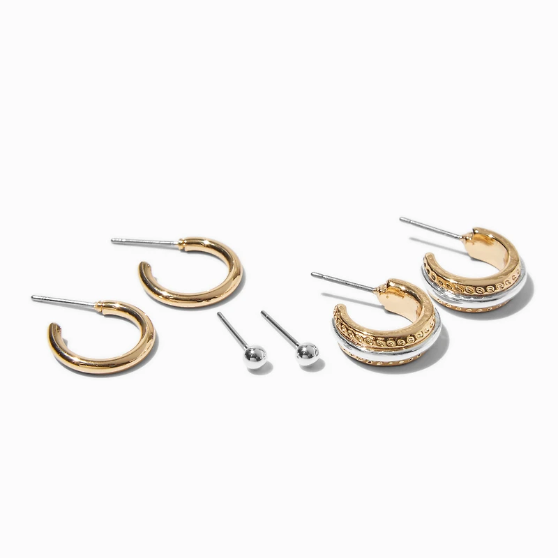Mixed Metal Textured Stackable Earrings Set - 3 Pack