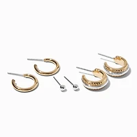 Mixed Metal Textured Stackable Earrings Set - 3 Pack 