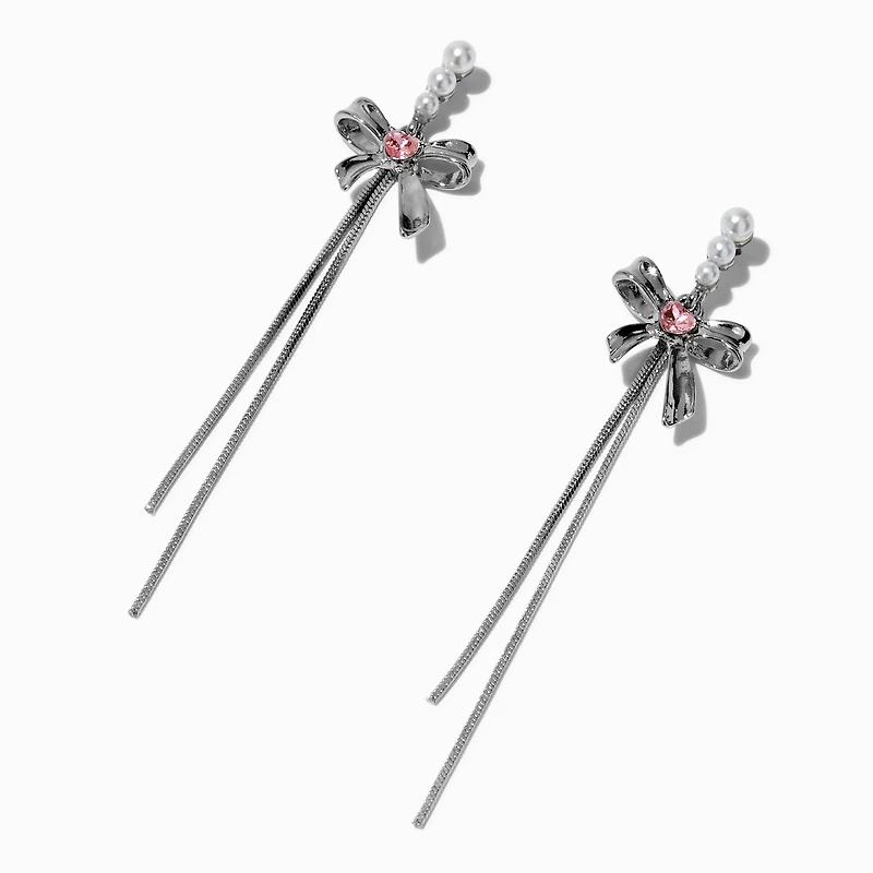 Pearl & Pink Heart Bow Drop Earrings