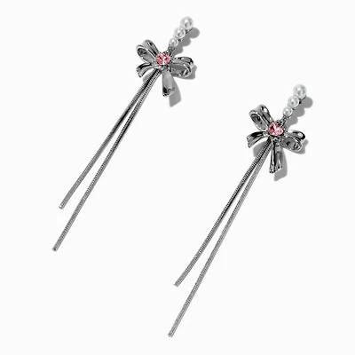 Pearl & Pink Heart Bow Drop Earrings