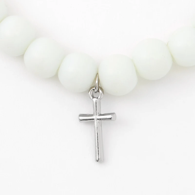 Silver-tone Cross White Beaded Stretch Bracelet