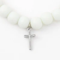 Silver-tone Cross White Beaded Stretch Bracelet