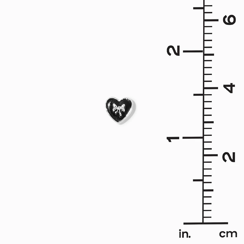 Silver-tone Bow Black Heart Stud Earrings