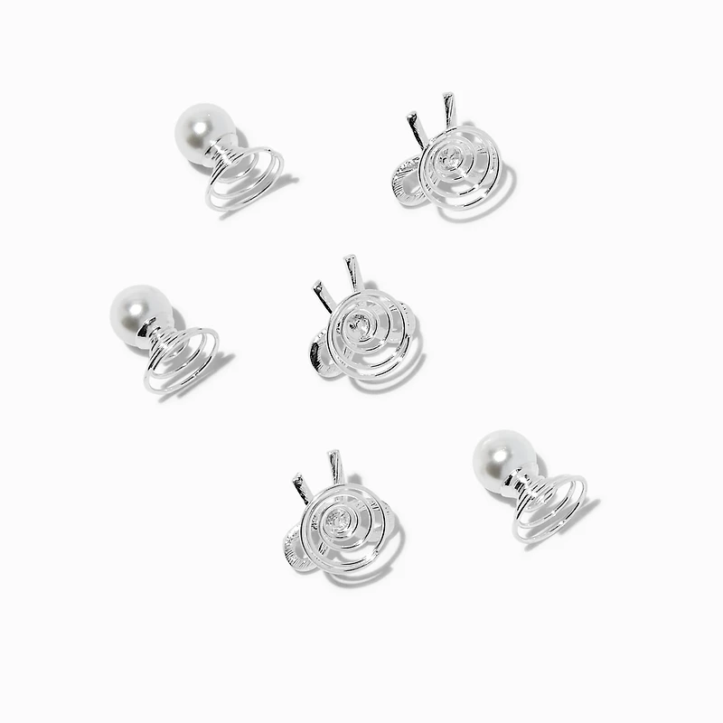 Gemstone Bow & Pearl Silver-tone Hair Spinners - 6 Pack