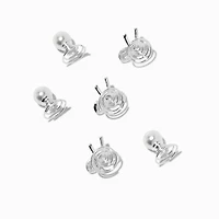 Gemstone Bow & Pearl Silver-tone Hair Spinners - 6 Pack