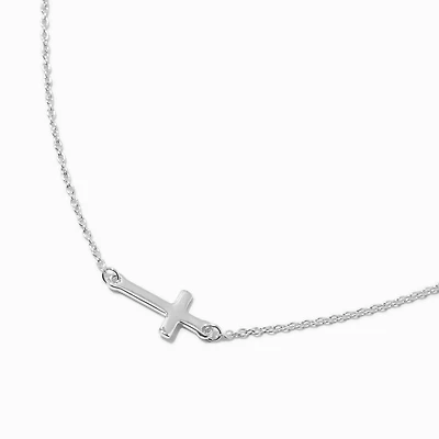 Silver-tone Sideways Cross Pendant Necklace