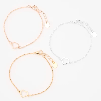 Mixed Metal Heart Cutout Chain Bracelets - 3 Pack
