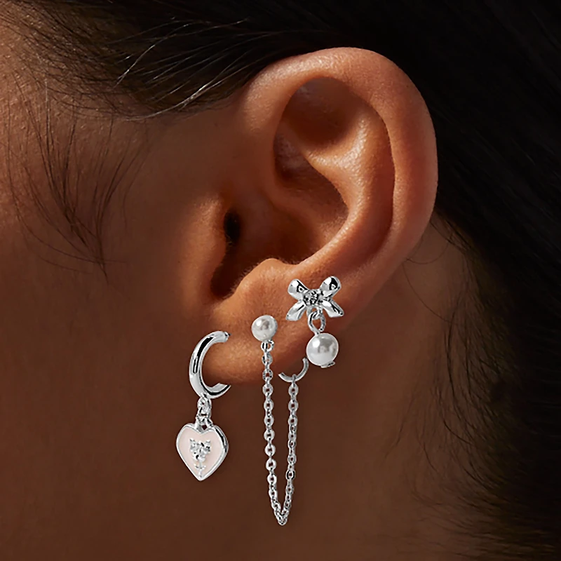 Pearl Heart & Silver-tone Earring Stackables Set - 3 Pack