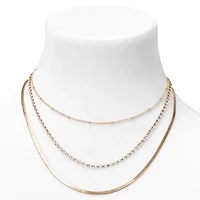 Gold Beaded, Rhinestone & Snake Chain Necklaces - 3 Pack 