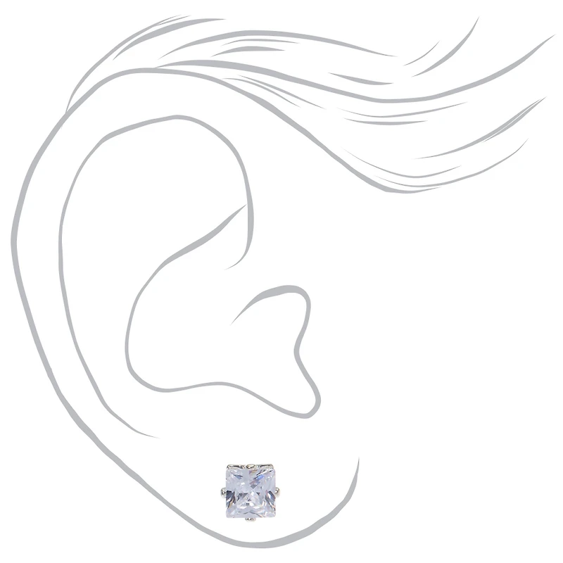 Silver-tone Cubic Zirconia 3mm, 4mm, & 5mm Square Stud Earrings - 3 Pack