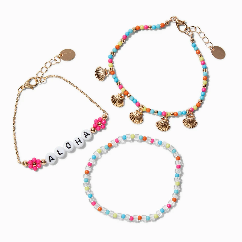 "Aloha" Gold-tone Shell Beaded Bracelet Set -  3 Pack