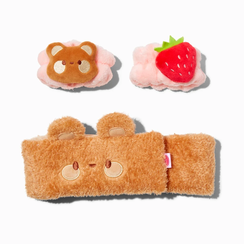 Strawberry Bear Makeup Bow Headwrap & Face Washing Wrist Bands - 3 Pack