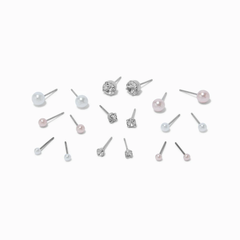 Pink & White Crystal & Pearl Coquette Stud Earrings - 9 Pack