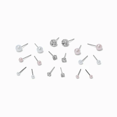 Pink & White Crystal & Pearl Coquette Stud Earrings - 9 Pack