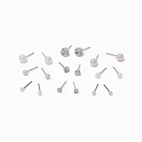 Pink & White Crystal & Pearl Coquette Stud Earrings - 9 Pack