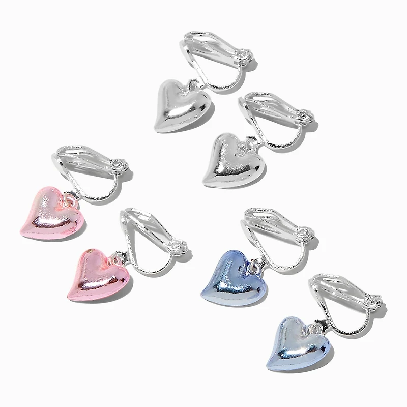 Puffy Heart Clip-On Drop Earrings - 3 Pack 