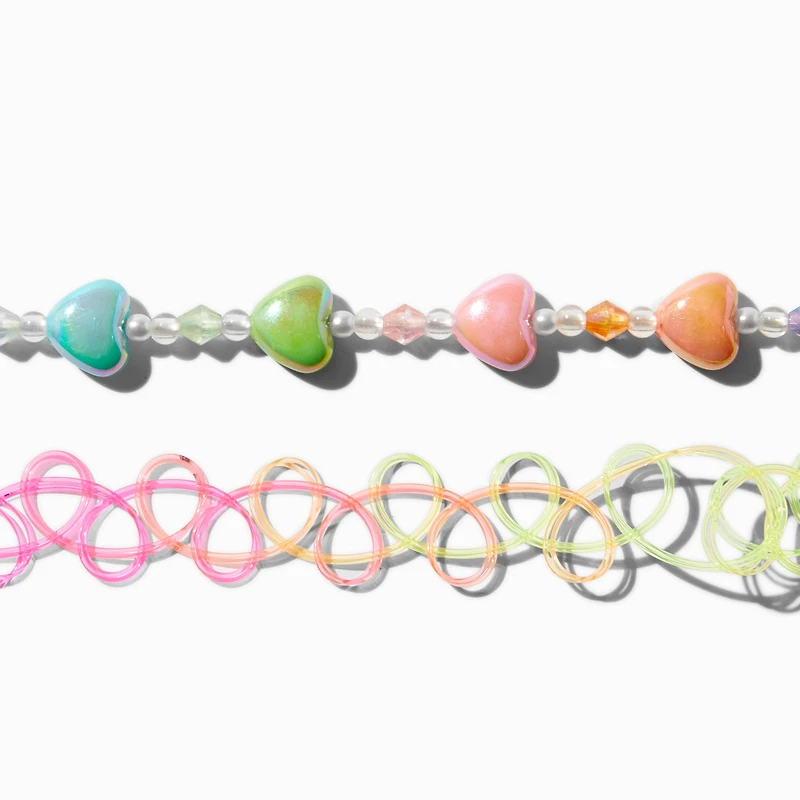 Ombré Heart Beaded Choker & Rainbow Tattoo Chokers - 2 Pack