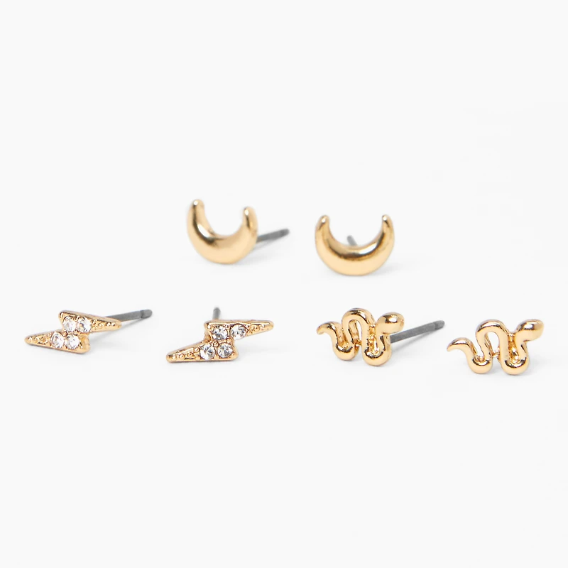Gold-tone Celestial Stud Earrings - 3 Pack
