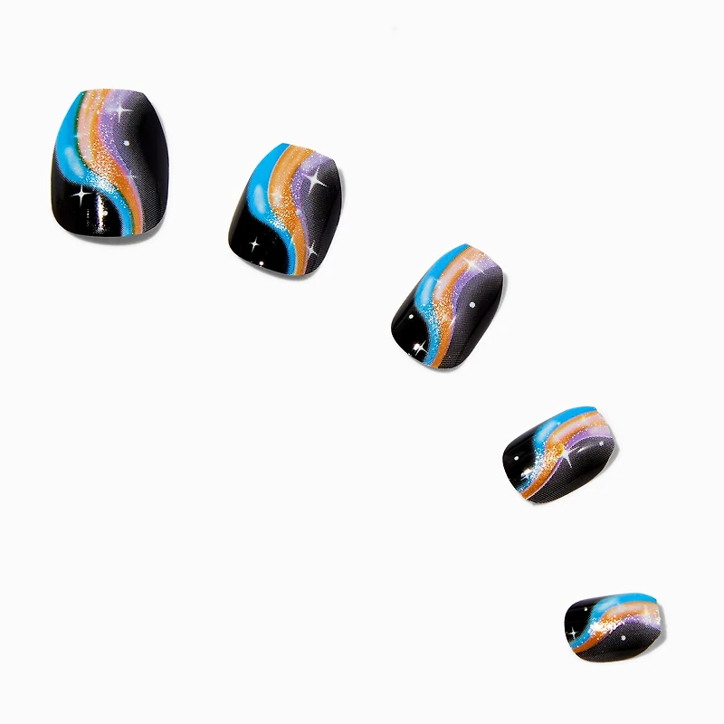 Multicolored Squiggle Black Coffin Vegan Press On Faux Nail Set - 24 Pack