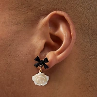 Black Bow Ivory Carved Rose Stud Earrings